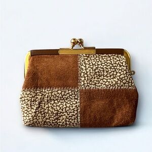 Japanese vintage suede leather brown patchwork coin purse wallet gold hardware